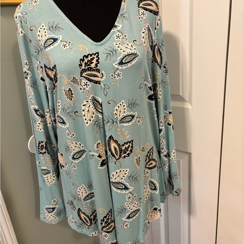 JM Collection Teal Floral V-Neck Blouse